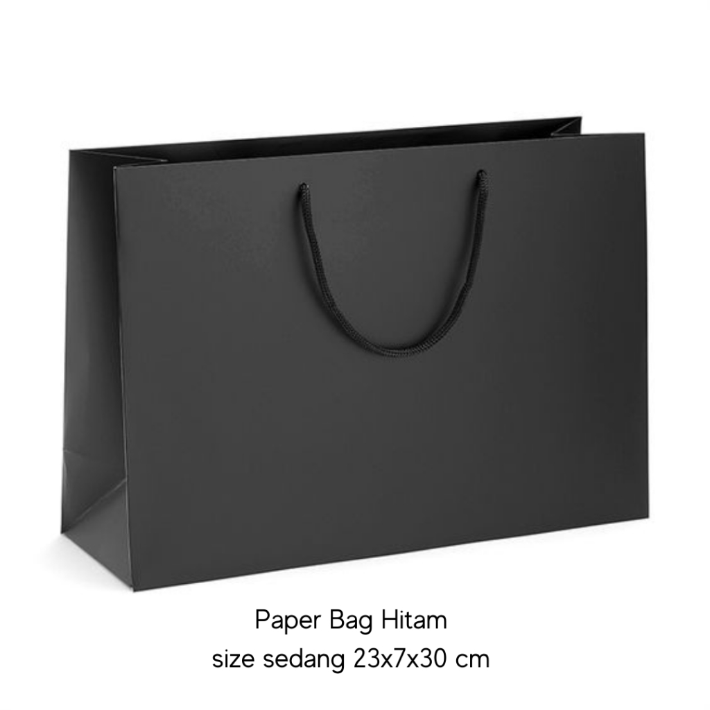 

PAPER BAG HITAM POLOS / PAPER BAG TALI KERTAS PACKING SOUVENIR MURAH UKURAN SEDANG 23X7X30 CM