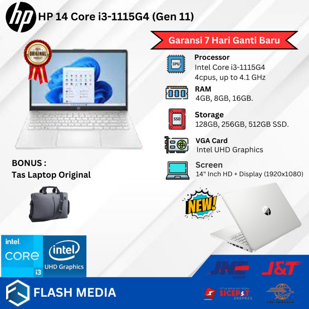 Laptop Baru HP 14 dq Intel Core i3 1115G4 4.1 Ghz RAM 16GB SSD 512GB