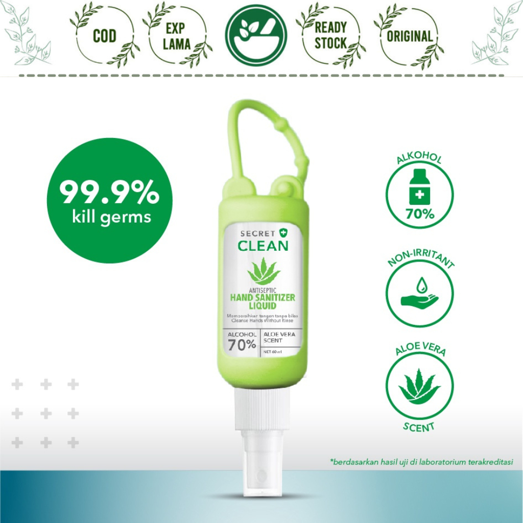 SECRET CLEAN HAND SANITIZER LIQUID 60ML + SILICONE CASE SPRAY ALOE VERA ALKOHOL
