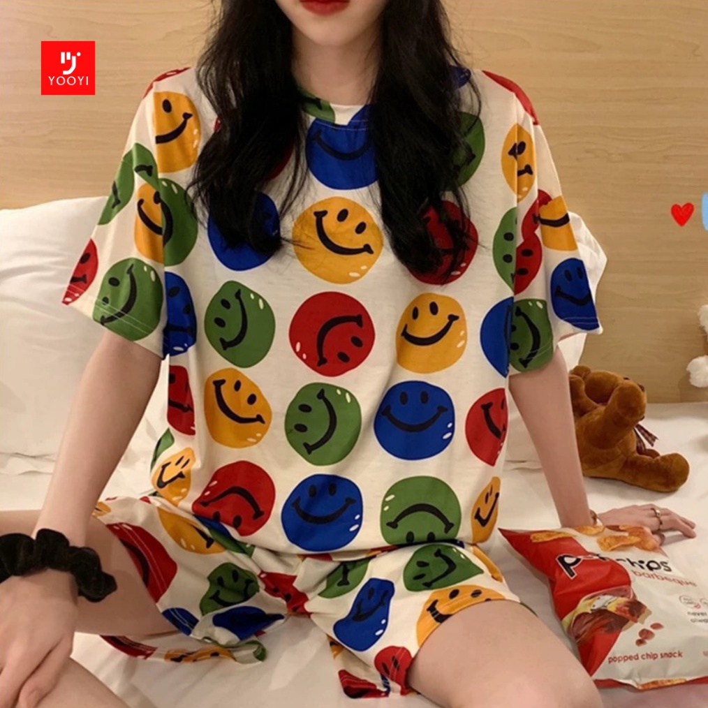 ART G65O Yooyi Baju Tidur Wanita Piyama Size L Kecil Korea Lengan Pendek Celana Pendek Motif Kartun 