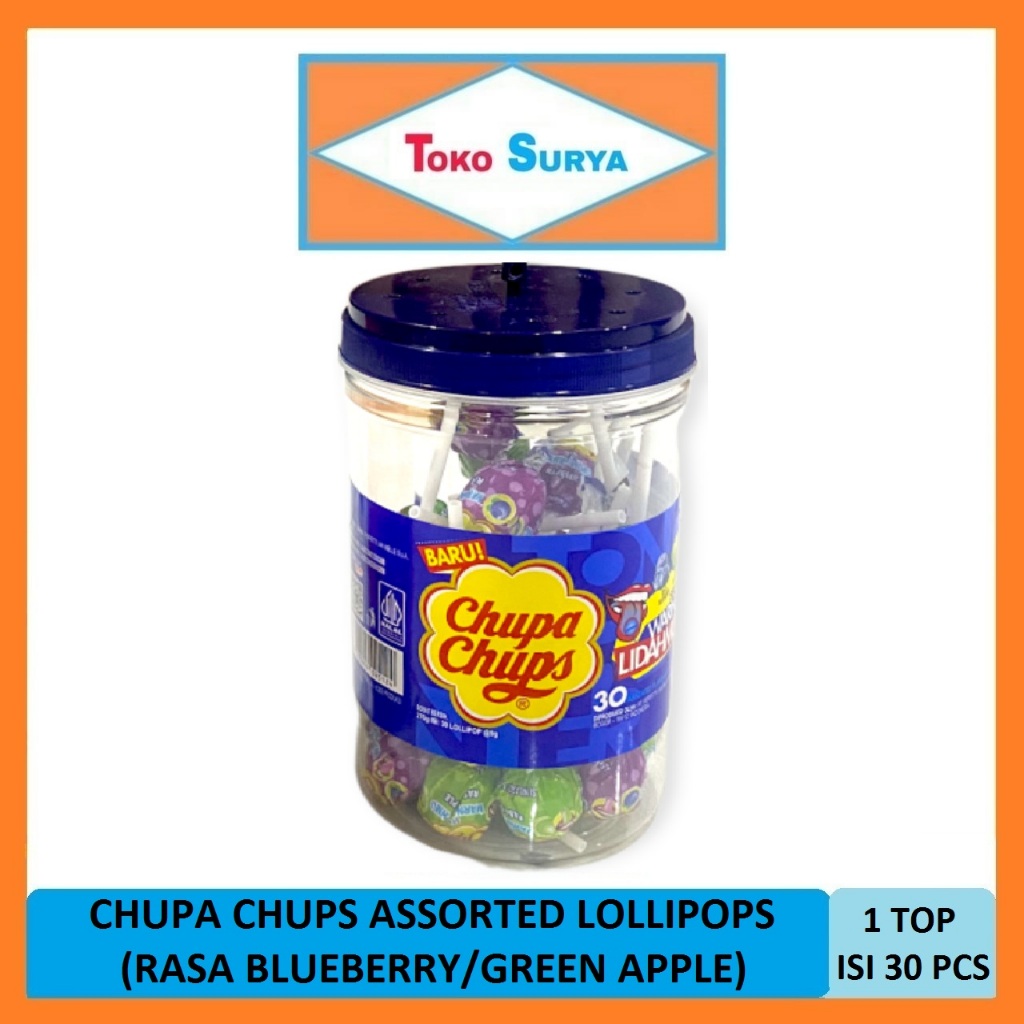 

Chupa Chups Assorted Flavour Lollipops Blueberry/Green Apple Permen Lolipop Aneka Rasa Blueberry & Apel 30 Pcs x 9 Gr