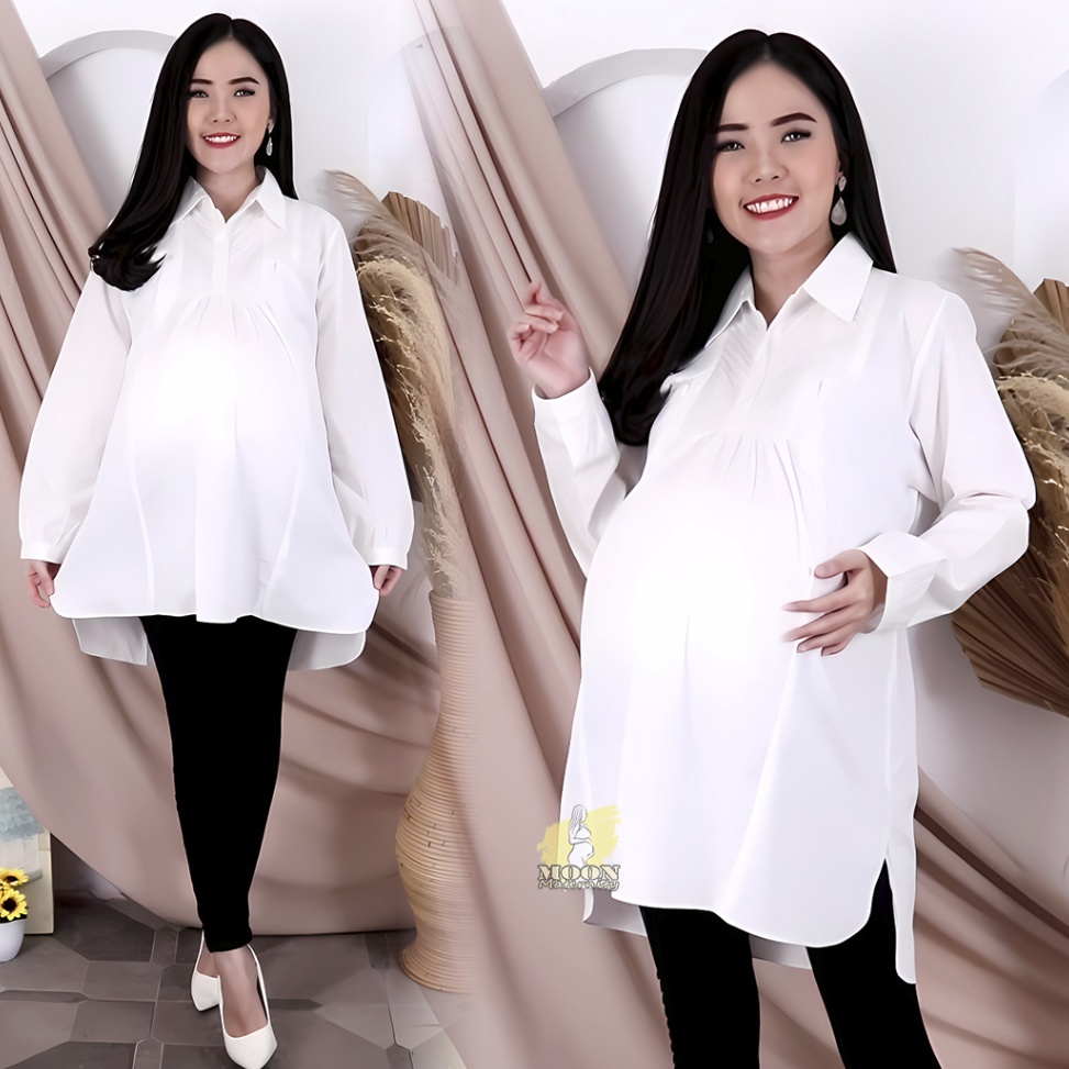 ART D33G Baju Hamil Kerja dan Menyusui Lengan Panjang Warna Putih