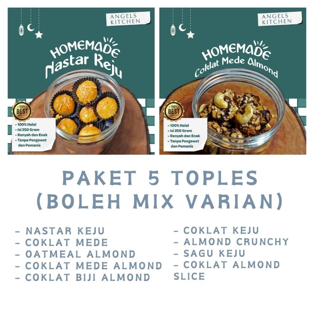 

Paket 5 Toples Kue Kering Premium Lebaran 250 gram Boleh Mix Varian Paket Hampers Lebaran