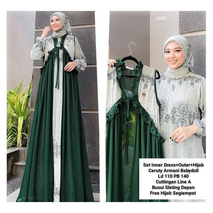 Set Gamis Inner Dress, Outer Ruffle Kutung+Hijab Segiempat Ceruty Babydoll Polos Kombinasi Motif Batik Etnik