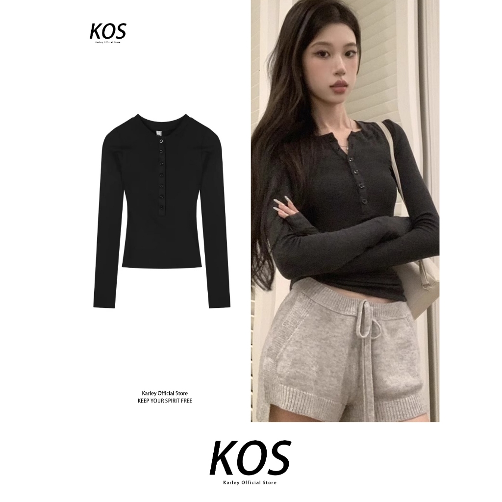Atasan Rajut Kancing Wanita/Lengan Panjang Y2K Hitam Polos Cewek/Kaos Cewek T Shirt Korea Style/Kaos