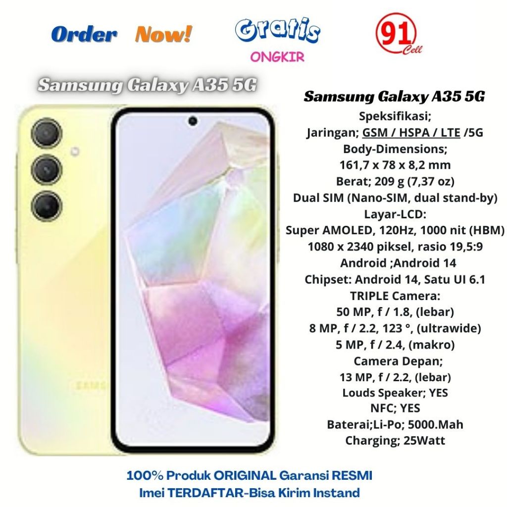 Samsung galaxy A35- 5G (Ram8/256Gb) garansi resmi sein 1 tahun