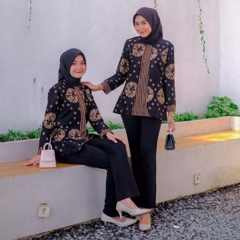 Blouse Jumputan - Baju Batik Kerja Couple Pria Wanita Katun Atasan Batik Couple Sogan Jumputan Terla