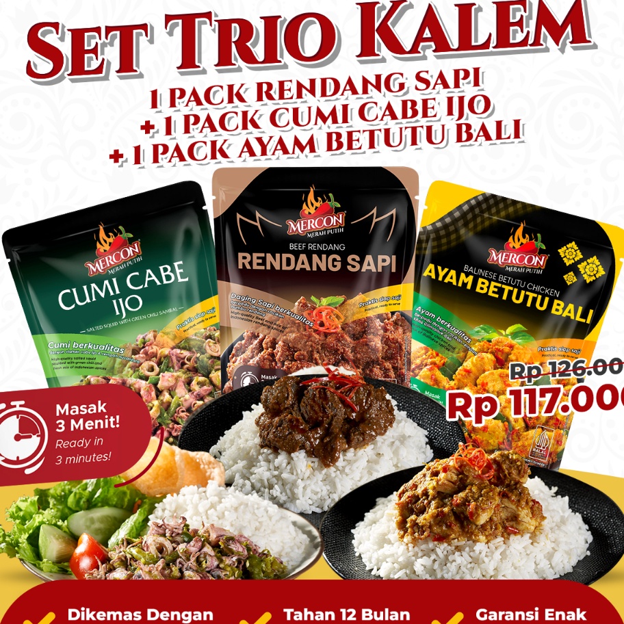 

Free Ongkir Mercon Merah Putih Set Trio Kalem Rendang Sapi Cumi Cabe Ijo Ayam Betutu