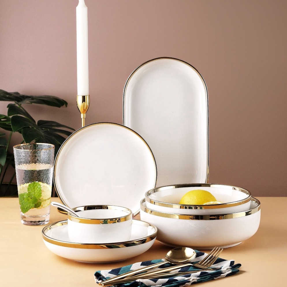 SPECIAL PRICE ASHOME Piring Makan Keramik Putih Gold  Piring Putih Keramik List Gold  Mangkuk Kerami