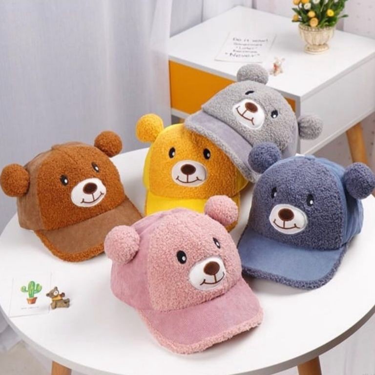 PVR349 PROMO MURAH Topi Anak Beruang telinga pompom bunyi kerincing Rattle  Topi Sweet Bear  Topi Ra