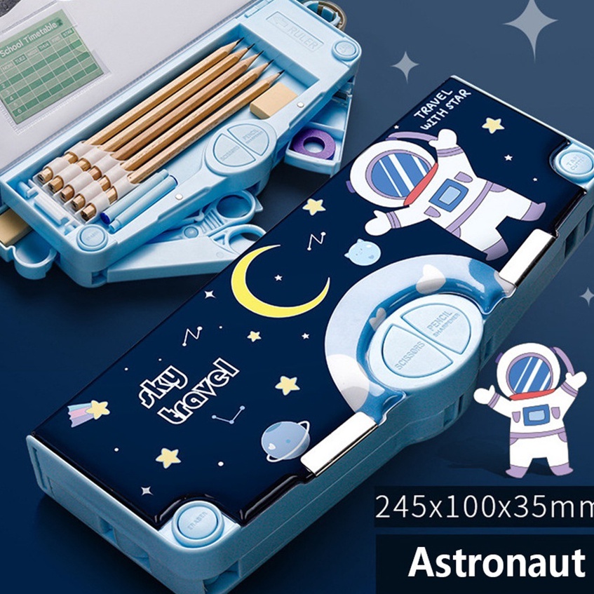 

SAF478 FASH SALE MATOUGUI Kotak Pensil Anak Tempat Pensil Multifungsi Motif Storage Box Lapisan Ganda Tunggal Dengan Rautan Kapasitas Pencil Astronaut 3D Cartoon Multi Fungsi Kotak Pensil