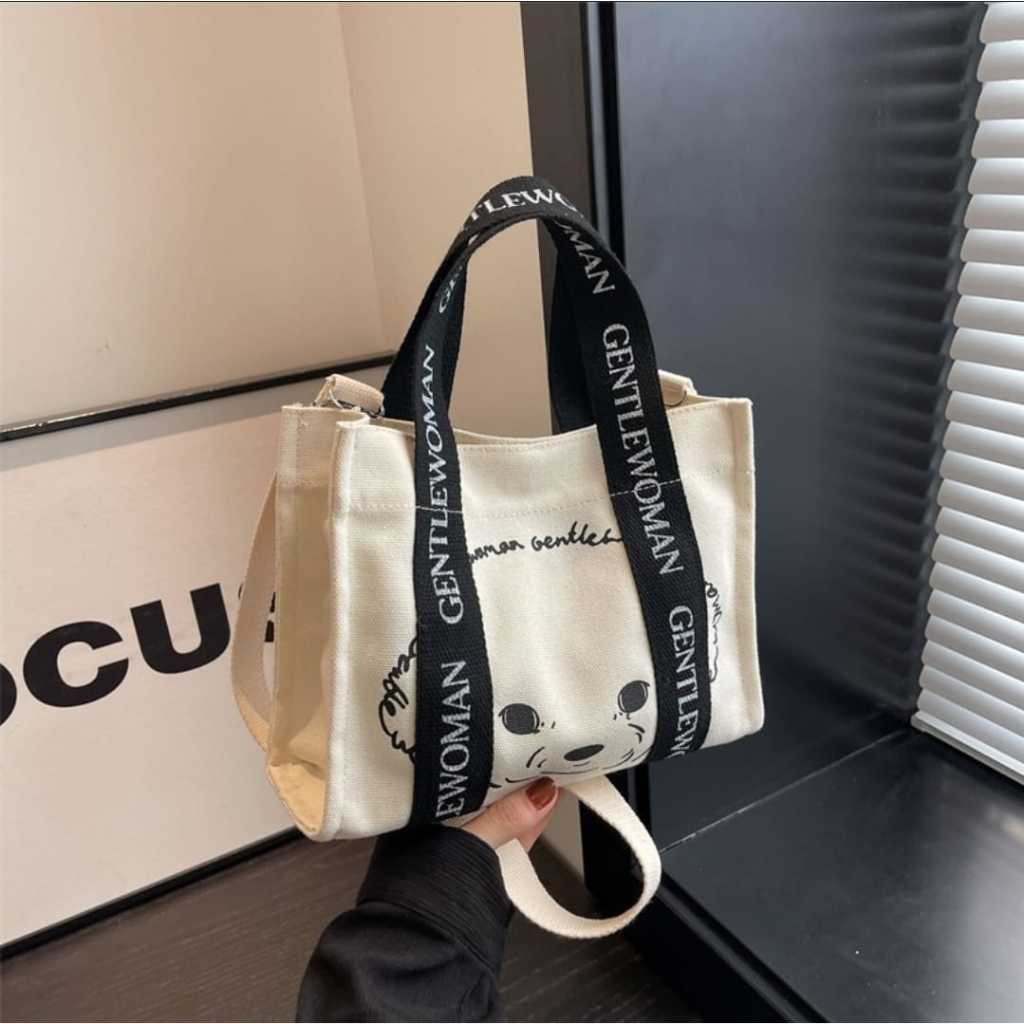 tas tote fashion remaja wanita mungil puppy slempang hitam putih lucu terbaru