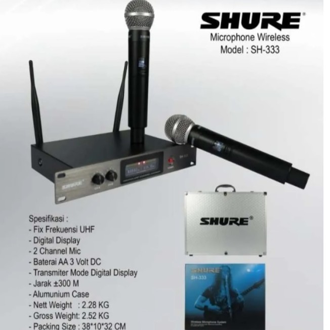 Mic Wireless Shure SH444 SH-444 SH 333 SH-333 UHF 2 Mic Pegang + KOPER Hardcase Alumunium