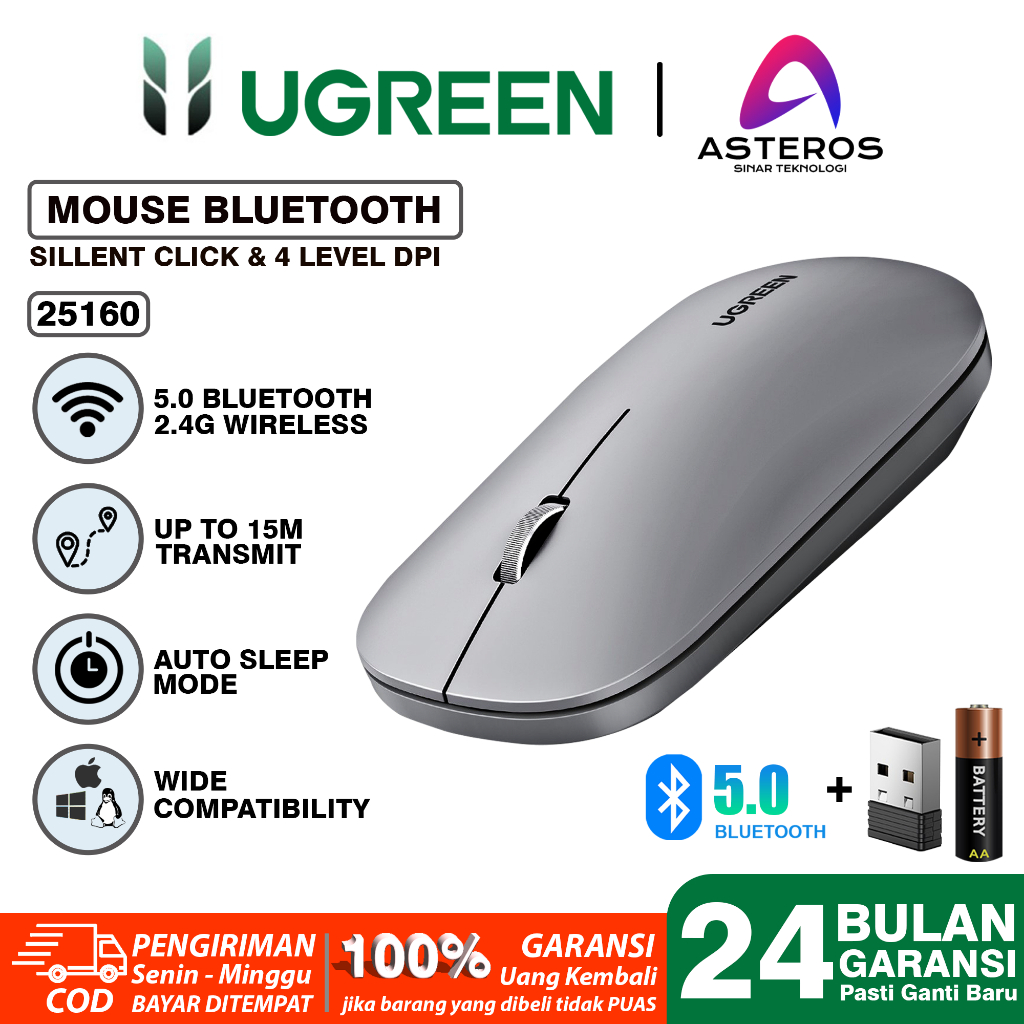 UGREEN Mouse Wireless Silent Klik Dual Koneksi Bluetooth + Dongle For Komputer Laptop Macbook-25160 + BATTERY GREY