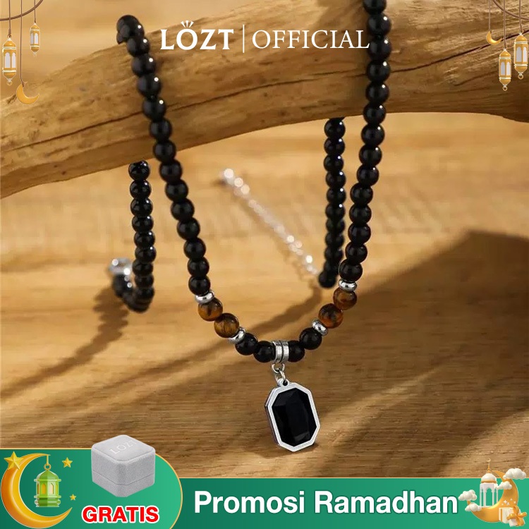 【HOT Promo】LOZT Kalung Pria Manik-manik Batu Hitam Akik Kalung Pria Keren Mata Harimau Obsidian - Me