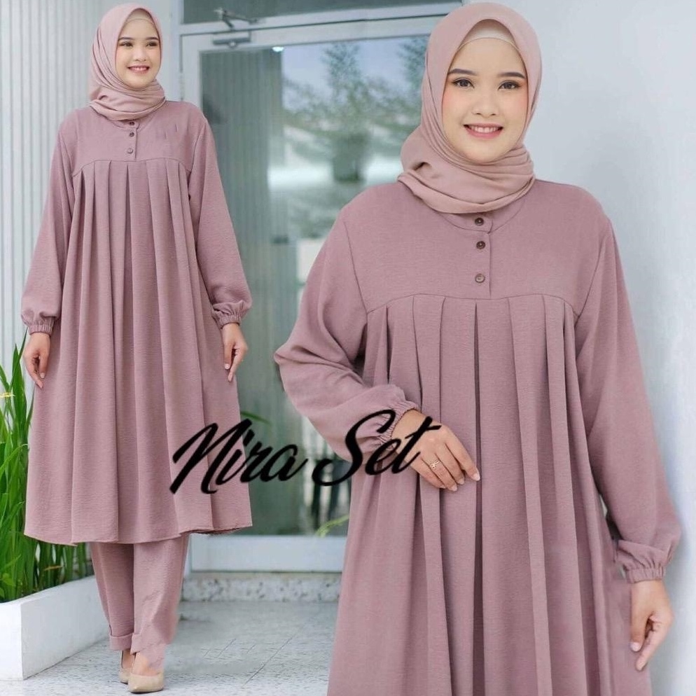 Terkini SIZE JUMBO NIRA SETCEL LONG TUNIK  CELANA bahan CRINKLE  SETELAN WANITA Terbaru modern  SETC