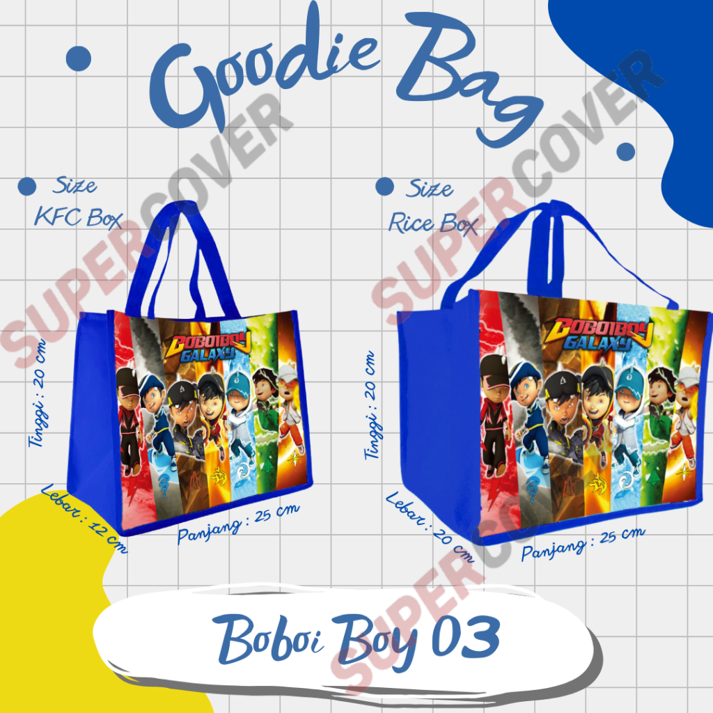 

Goodie Bag Gambar Kartun BoboiBoy 03 Warna Biru Tua Untuk Acara Ulang Tahun, Aqiqah, Sunatan Dan Lain lain.