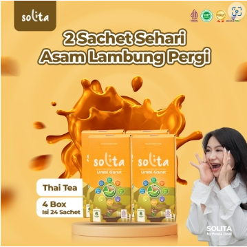 

SOLITA BUNDLE 4 Box Minuman Serbuk Umbi Garut Isi 6 Sachet Rasa Thai Tea untuk Atasi Asam Lambung, Maag, dan GERD