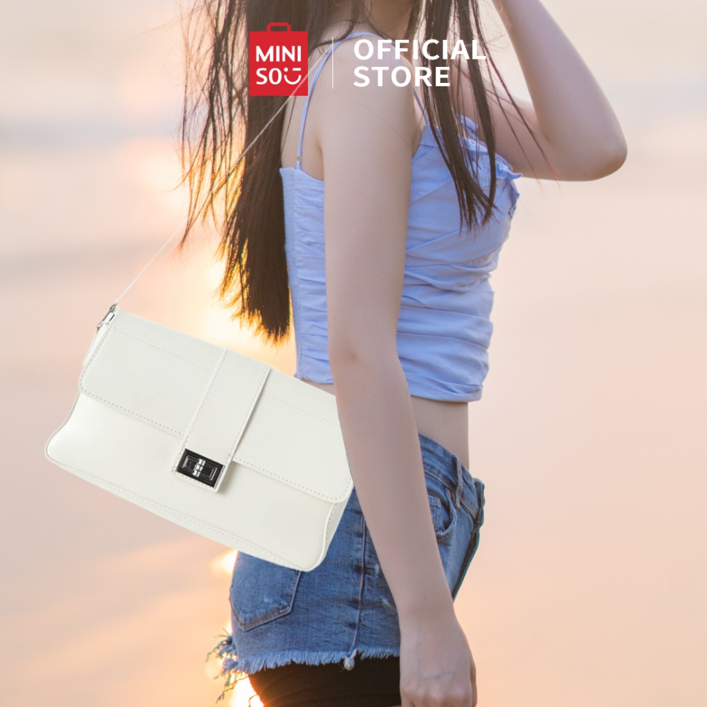 MINISO Tas pundak Wanita Vintage Fashion Shoulder Bag Tas Penutup Persegi Panjang Warna Solid Retro 