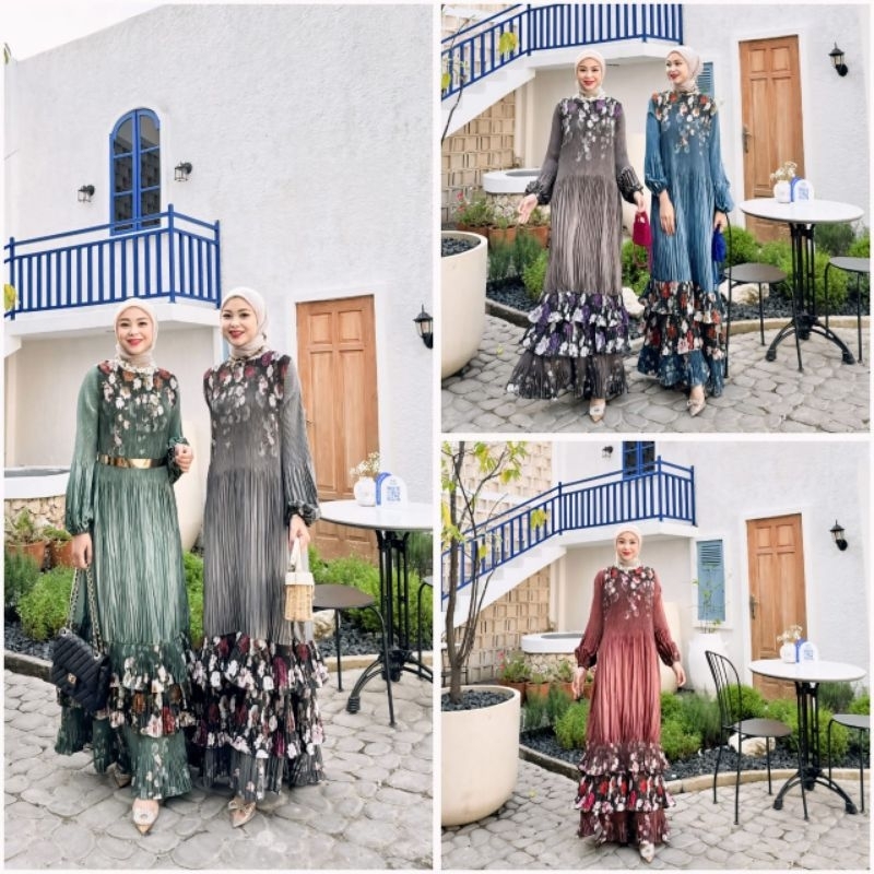 Flower Plisket Maxy warna hijau abu abu hitam biru coklat green grey black blue brown Maxi dress wan