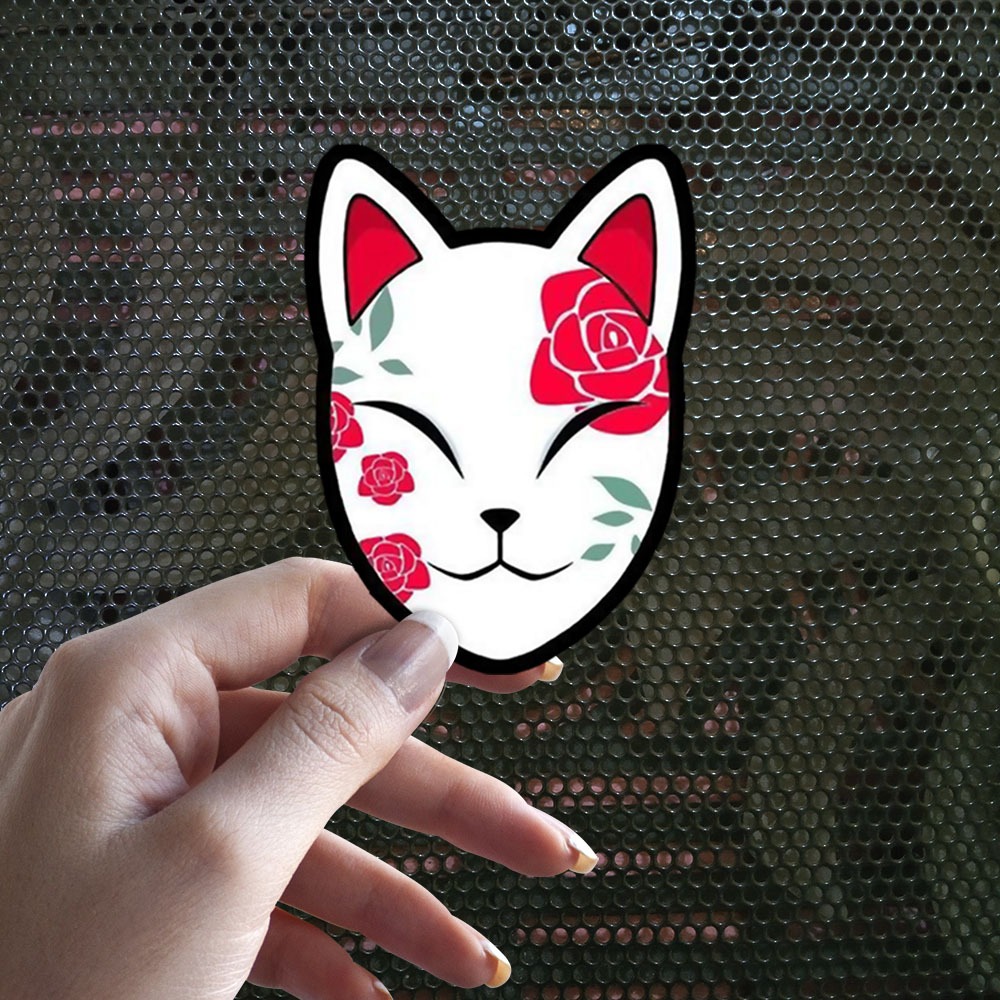 

Sticker Decal Vinyl Tahan Air Topeng Kucing Rubah Bunga Mawar Anime