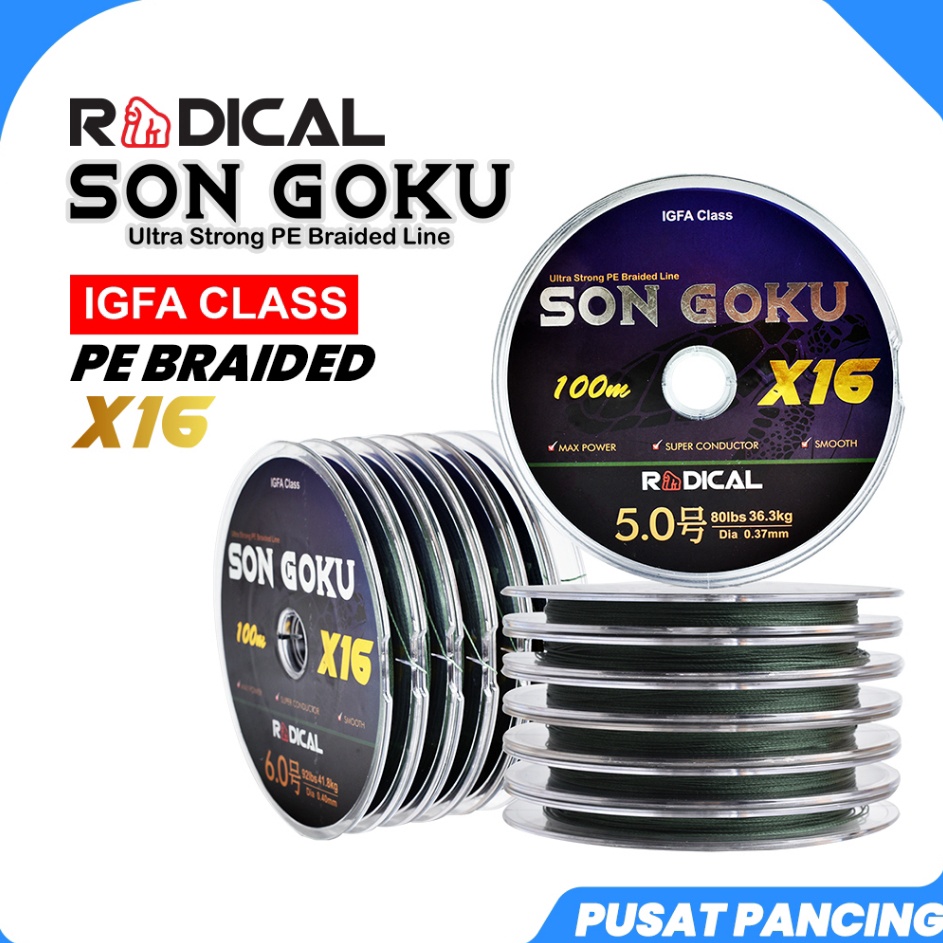 Top Seller  Senar pancing pe RADICAL SON GOKU X16 MOSS GREEN 1m connecting Super Quality PE Braided 
