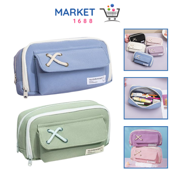 

Market1688 Tempat Pensil Model Pita Silang Kotak Pensil Tali Rami Ritsleting Ganda Bahan Kanvas Pouch Tempat Alat Tulis Perlengkapan Sekolah Kantor Dua Sisi Resleting