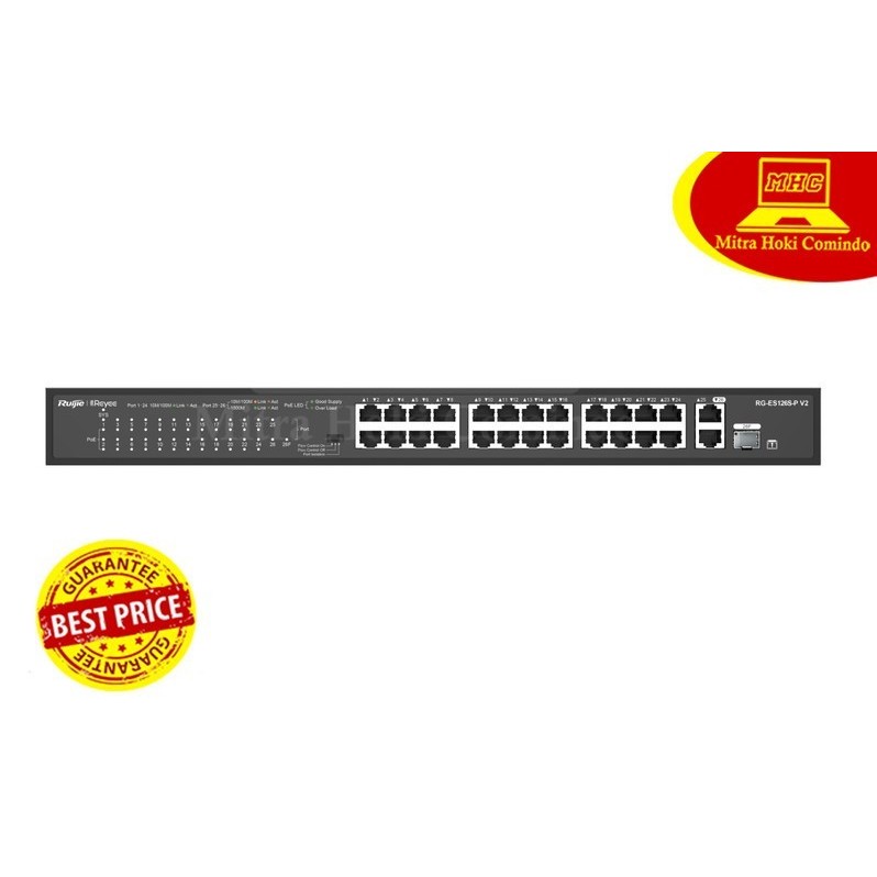 SWITCH HUB RUIJIE 24 PORT GIGABIT + POE SWITCH RG-ES126S-P V2