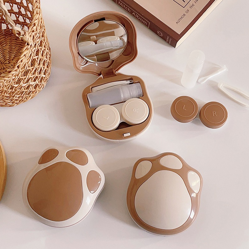 TEMPAT CASE TRAVEL KIT SOFTLENS BEAR CAT PAW WHITE BROWN KOTAK SOFTLENS PINSET BOTOL CERMIN ALL IN
