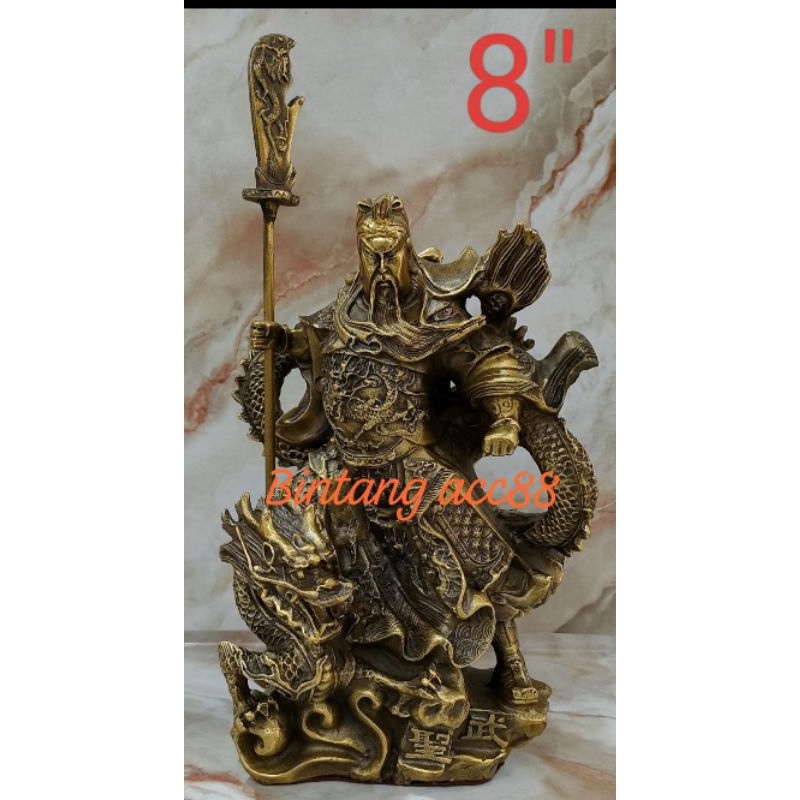 patung dewa kwan kung / kwan kong / guan yu - naga - kuningan - 8inch