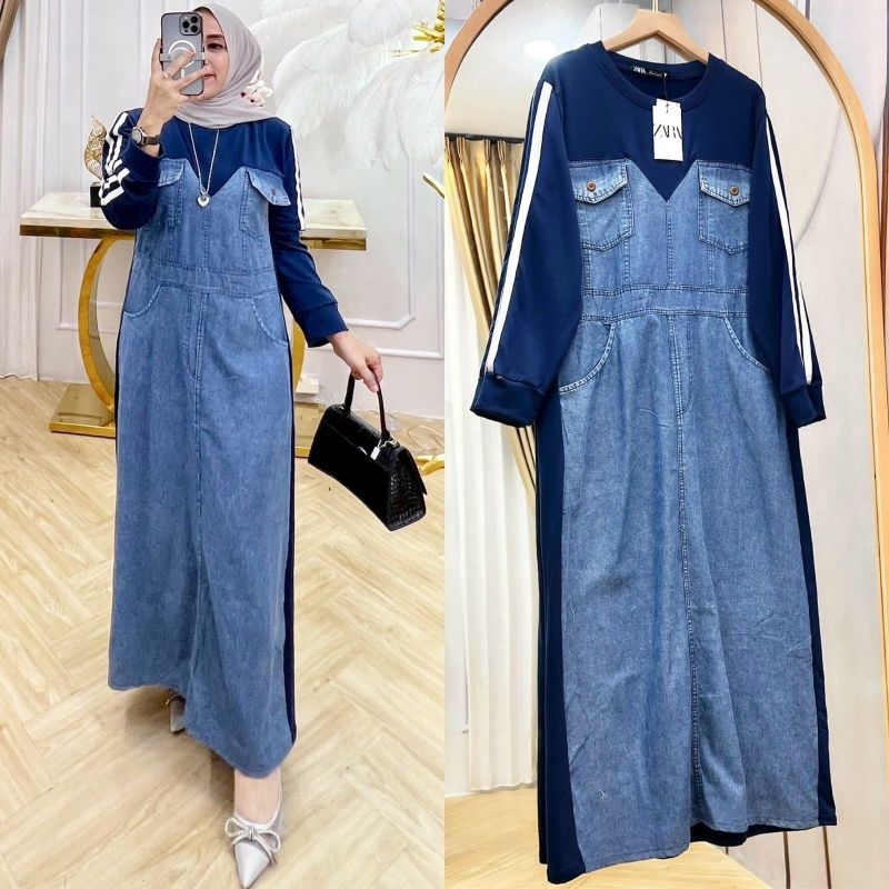 Yovie Dress warna hijau armi coklat navy biru Dongker gamis fashion wanita kombinasi bahan Jeans was