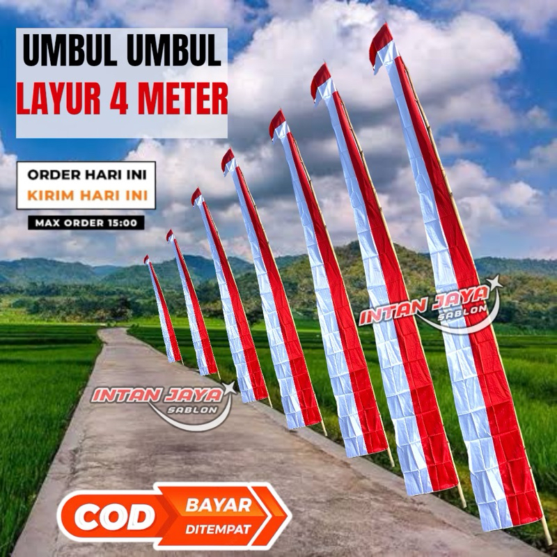 (20 PCS 1 KODI)UMBUL UMBUL LAYUR MERAH PUTIH PREMIUM PAJANG 4 METER FULL