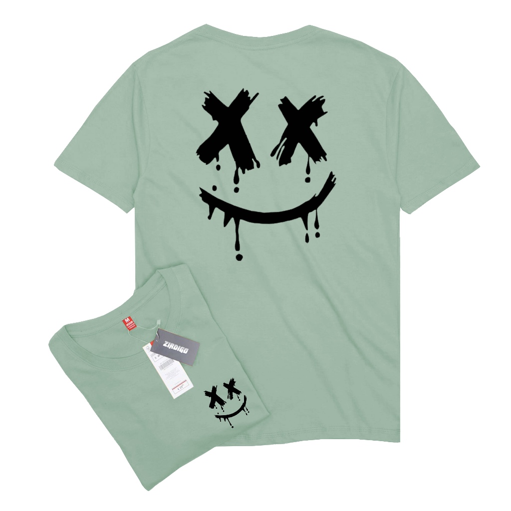 Zirdigo Kaos Distro Smile XX Black debe Lengan Pendek Print Quality Baju Pria-Sage