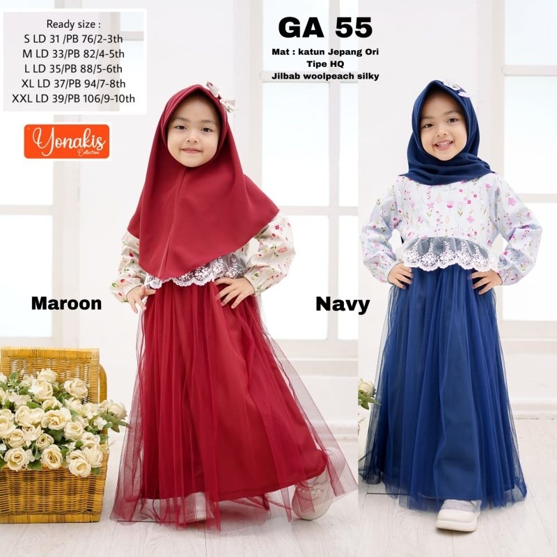 YONAKIS - GA 55 / Gamis Anak Set Hijab Katun Jepang ORI Rok Tile HQ Usia 2-10 Tahun