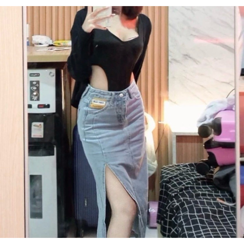 Rok panjang jeans slit