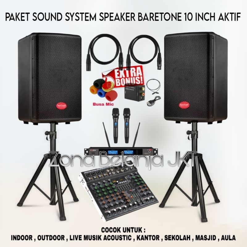 PAKET SOUND SYSTEM INDOOR OUTDOOR  LIVE MUSIK SPEAKER BARETONE 10 INCH AKTIF MIXER 6 CHANNEL USB BLU