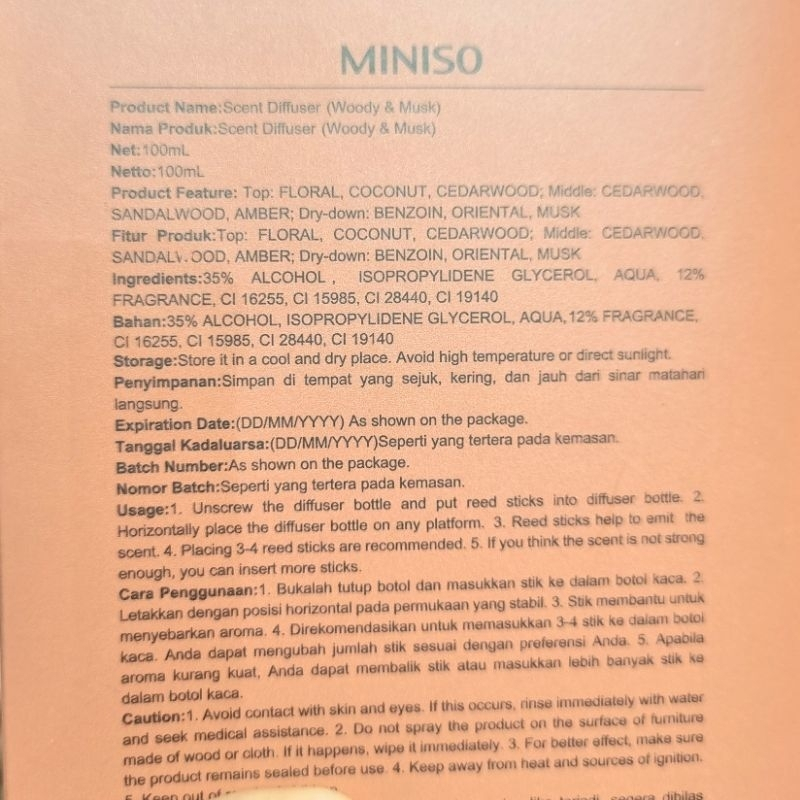 Official Bali Miniso Reed Diffuser / Scent Diffuser Pear & Freesia Diffuser Woody & Musk Sweet &