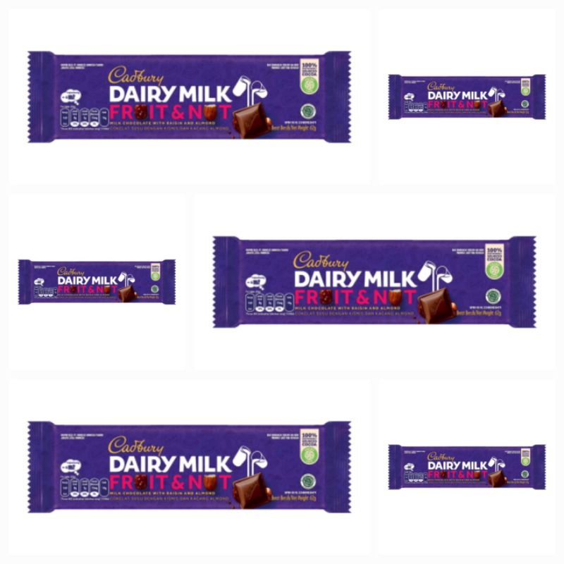 

Cadbury Dairy Milk Fruit & Nut Cokelat Susu Dengan Kismis & Kacang Almond 62 GR