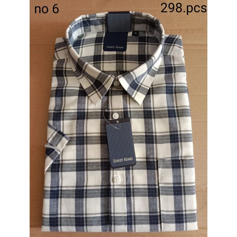 Kemeja Kerah Stanley Adams Lengan Pendek Kotak biru