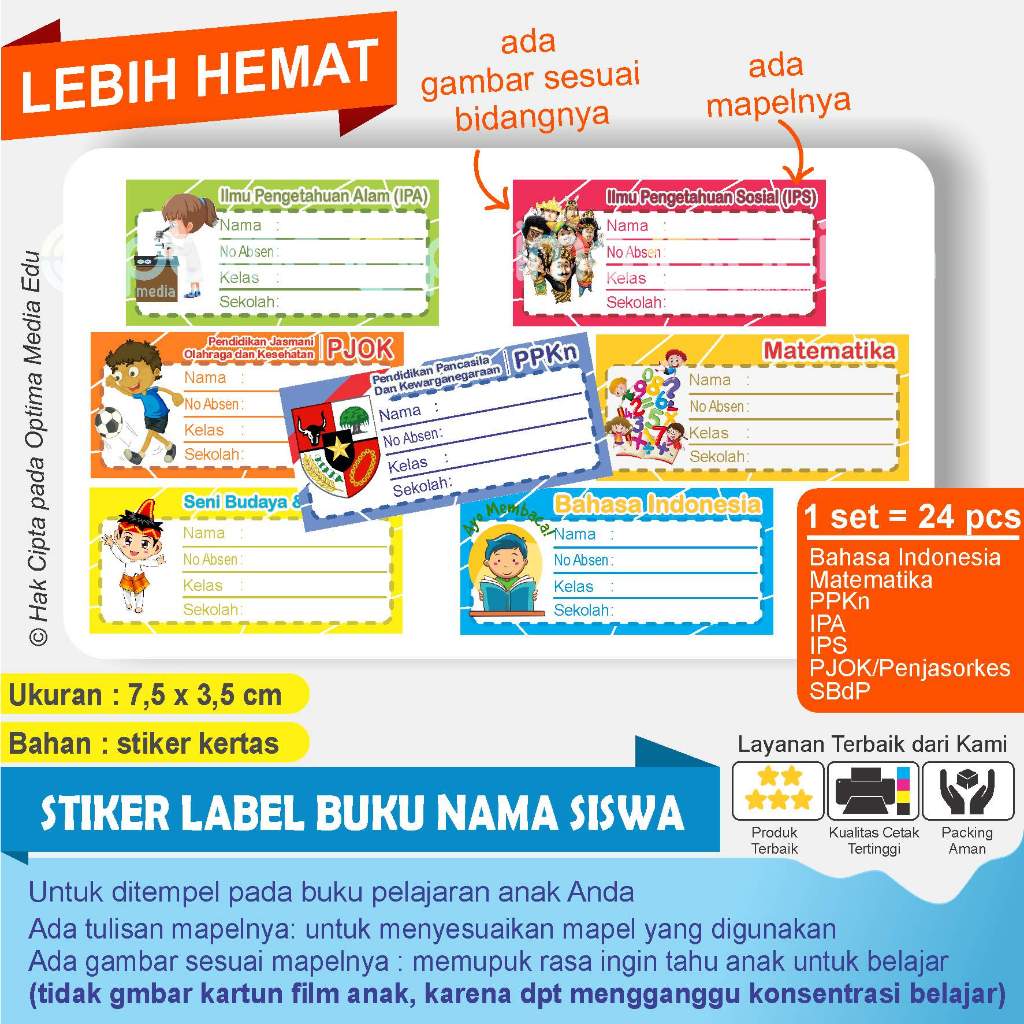 

Cetak STIKER LABEL buku NAMA SISWA ADA MAPELNYA 1 SET =24 pcs mapel lengkap