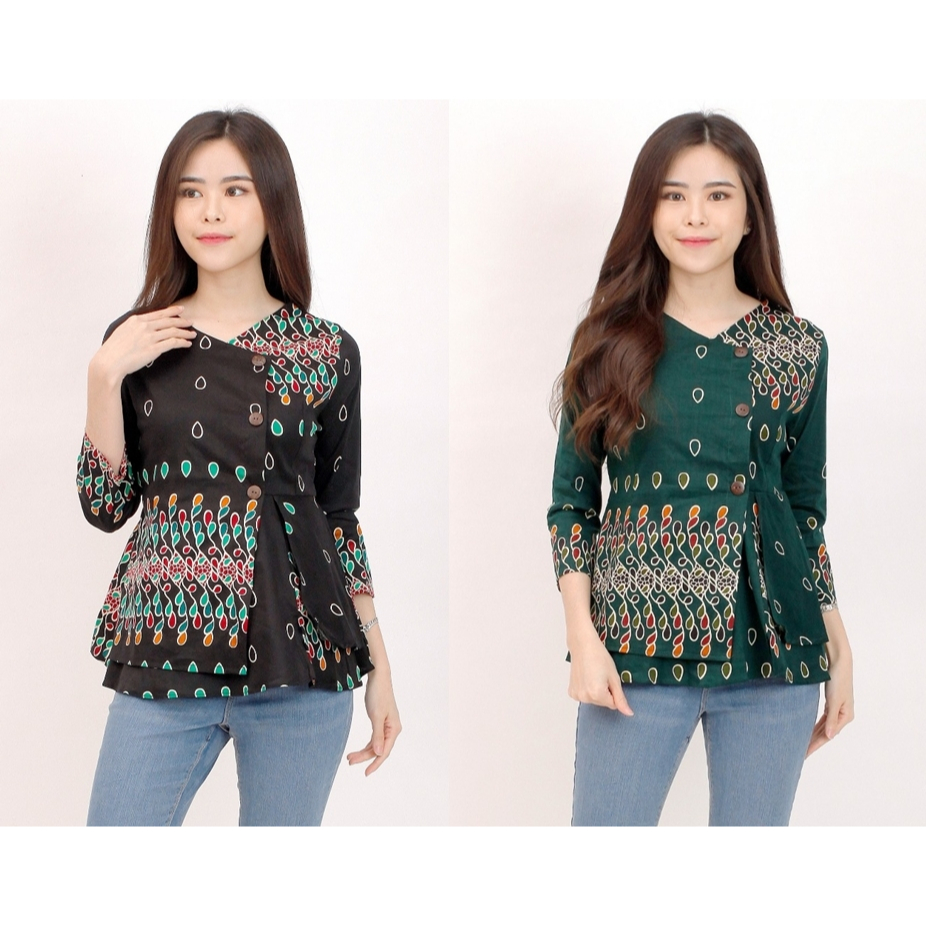BAJU BLOUSE BATIK WANITA 184 OD HITAM HIJAU BAJU BATIK PREMIUM MODERN KERJA KANTOR PESTA KASUAL ELEG