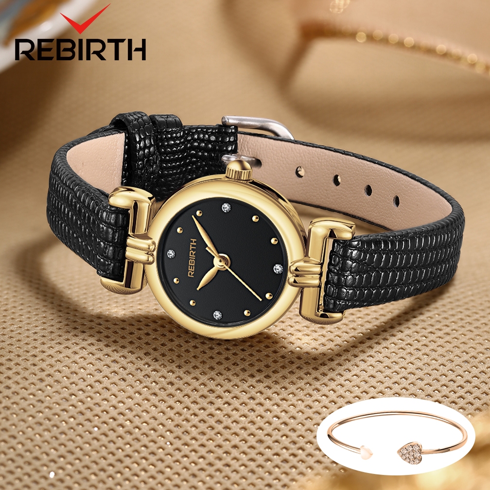 REBIRTH Jam Tangan Wanita Anti Air Original Korean Elegan Style Tali Kulit Kuarsa Jam Tangan Cewek-Black