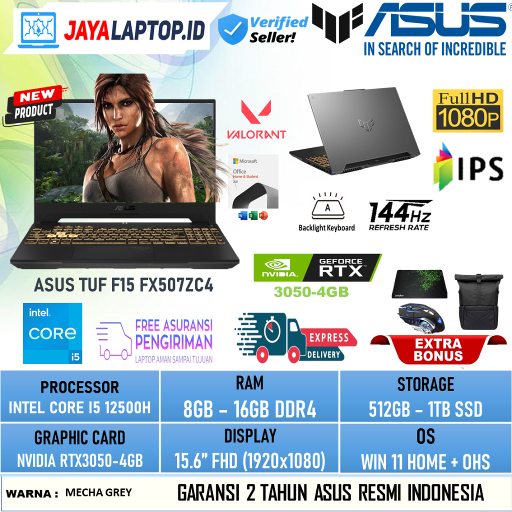 Laptop Resmi Baru Asus Tuf F15 FX507ZC4 I535B1MO RTX3050 Core I5 12500H Ram 16GB 1TB Full HD + OHS