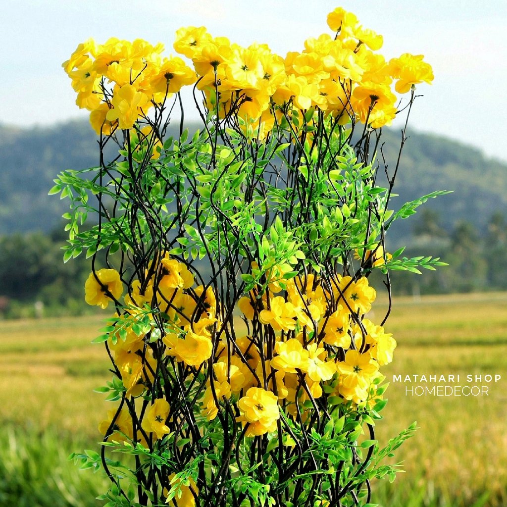 Hiasan Rumah Vintage 15 Btg Bambu Ulir Hitam Anyelir Kuning 142cm (Tanpa Pot)