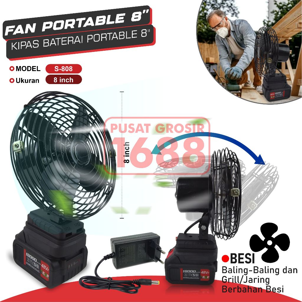 Kipas Angin Besi 8" inch Fan Portable Baterai，kipas angin，kipas angin besi kecil listrik，kipas angin