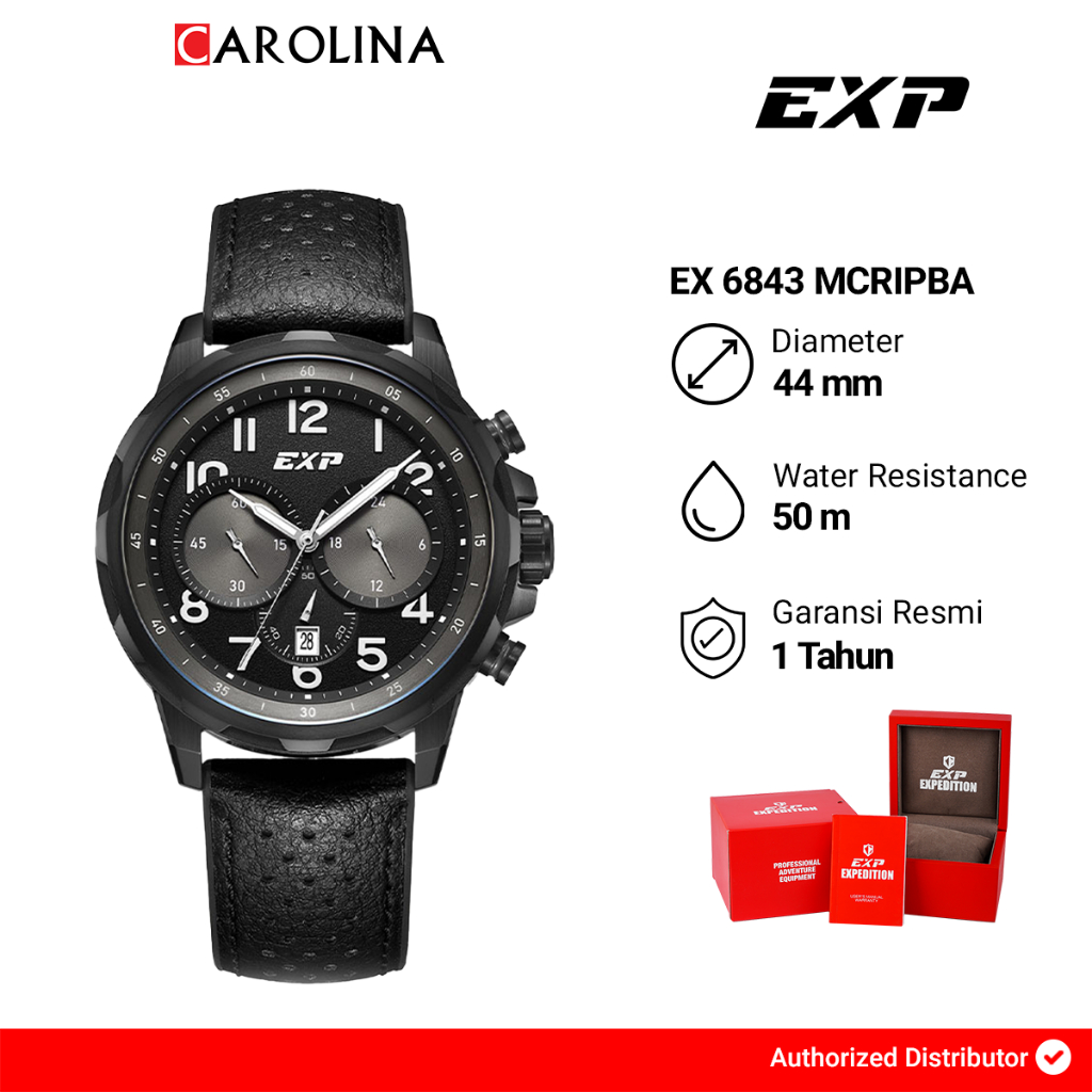 Jam Tangan Pria Expedition Exp Chronograph EX 6843 MCRIPBA Black Dial Black Leather Strap