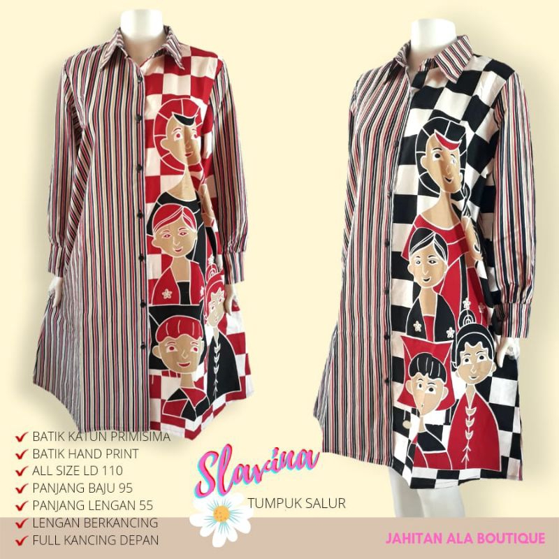 SLAVINA - Dress Tunik Batik Wanita Modern Motif Karakter Kartun Kerah Kemeja Lengan Panjang