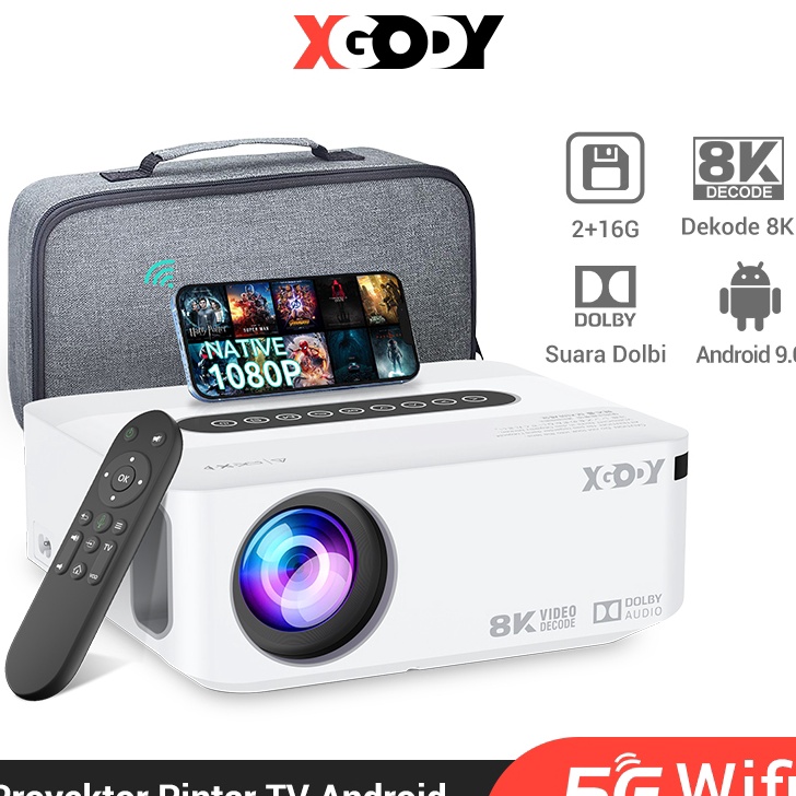 Kilat XGODY X1 Smart Proyektor Android9 216GB Dolby Audio Netflix Youtube Full HD dengan WiFi dan Bl