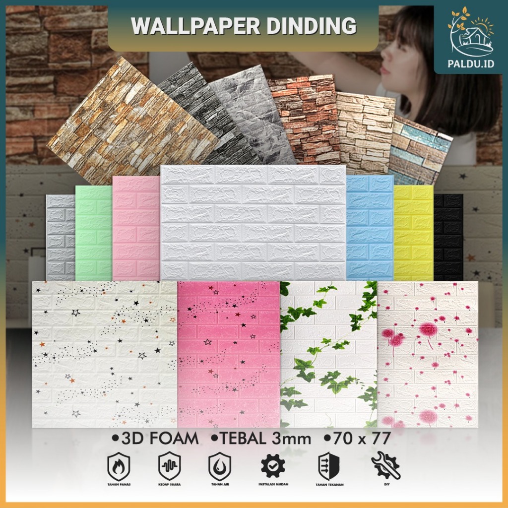 Paldu ID - WALLPAPER STIKER 70cm x 77cm Warna Motif Gambar Batu Bata 3D Foam Aesthetic Wallpaper Din