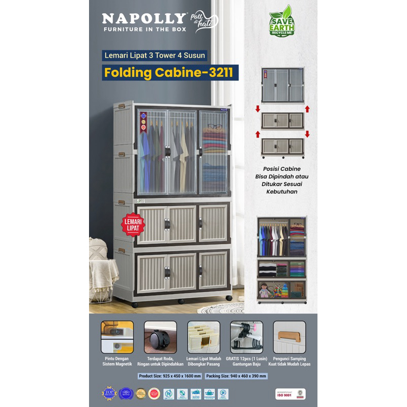 NAPOLLY Lemari Plastik Lipat Gantungan Jumbo 3 Tower 4 Susun / Folding Cabine 3211